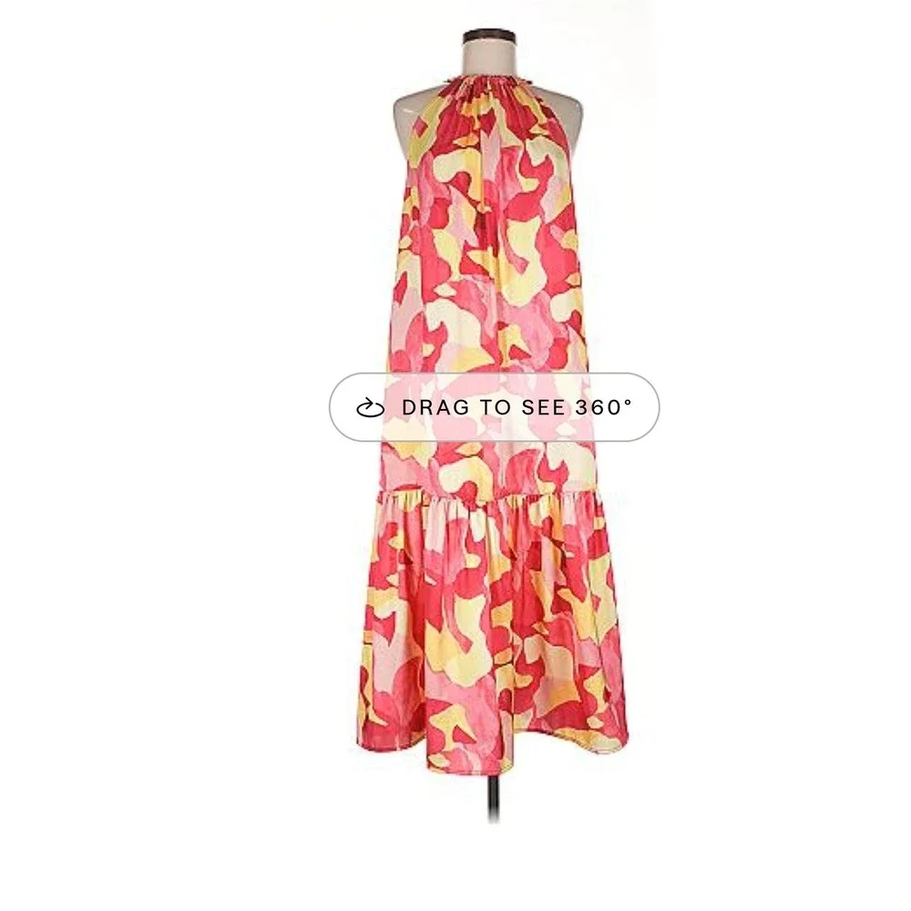 MING WANG Maxi Dress Size M Pink Yellow Camo Halter Sleeveless‎ Vacation